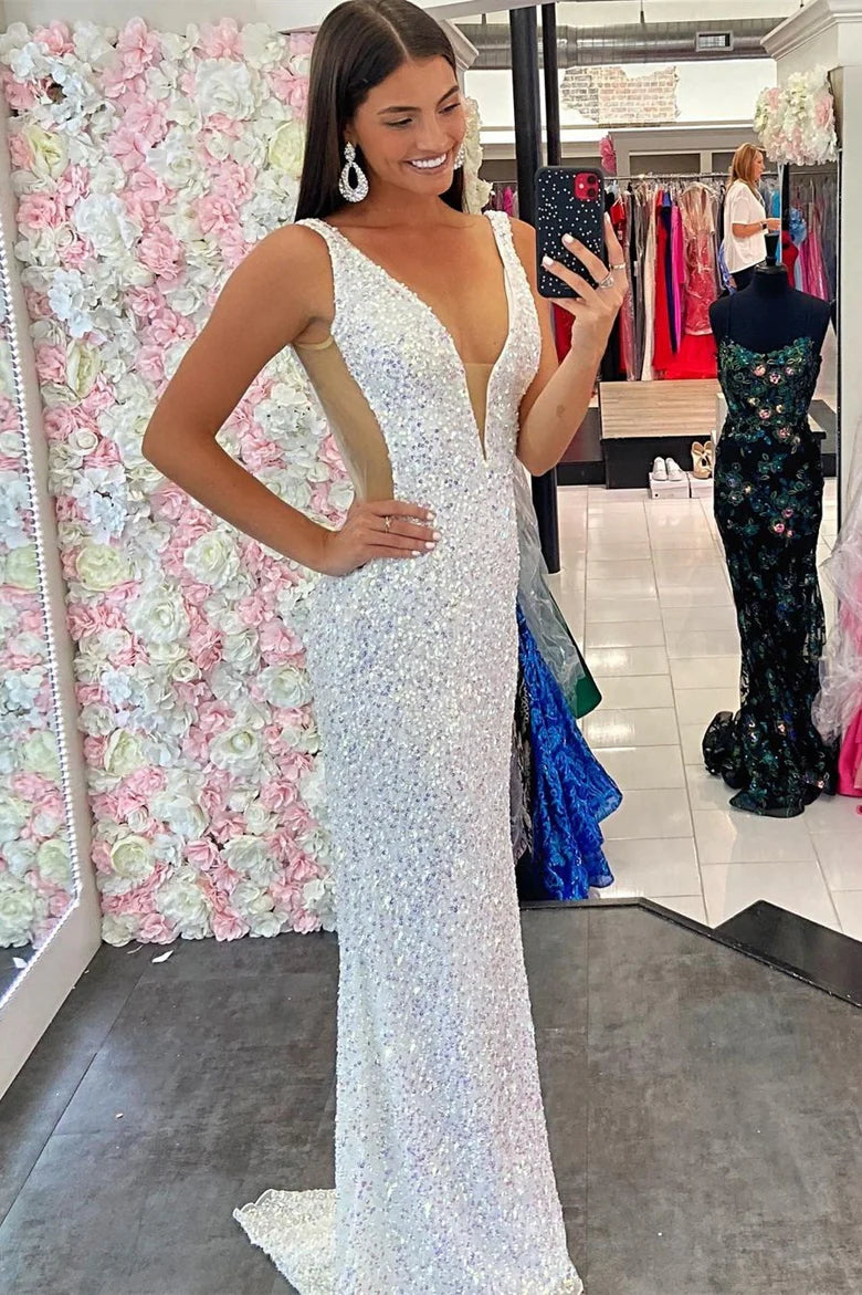 Vestido de fiesta de sirena con escote en V, lentejuelas y hombros descubiertos